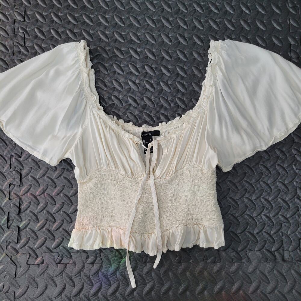 Forever 21 Smocked Milkmaid Crop Top Coquette Balloon Sleeve Peasant Blouse